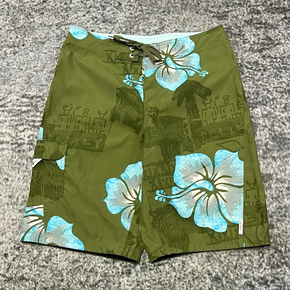 NWT Hurley Board Shorts Mens 29 Green Blue Tropical Flowers Surf Swim Trunks Y2K